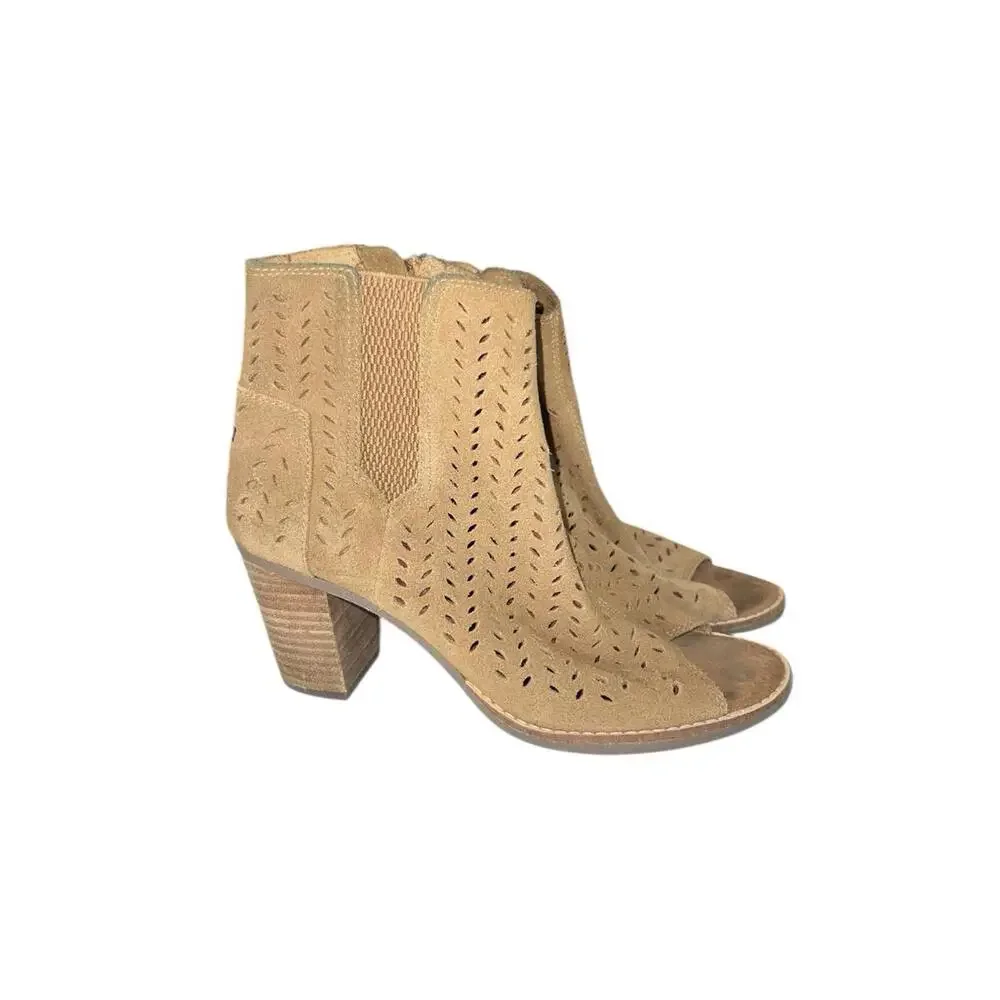 TOMS Majorca Tan Suede Peep Toe Heeled Ankle‎ Boots Booties Womens Size 7.5